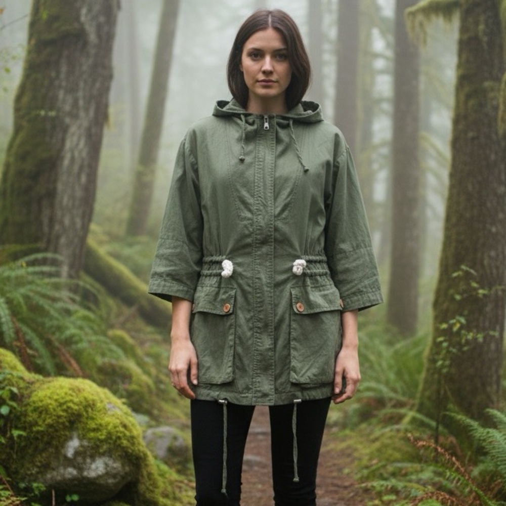 Willow & Clay Olive Green Linen Utility Jacket – Hooded Drawstring | Size Sm